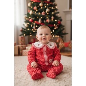 Vintage Bryan Baby Girl Romper 12M Red Candy Cane Print Christmas One Piece